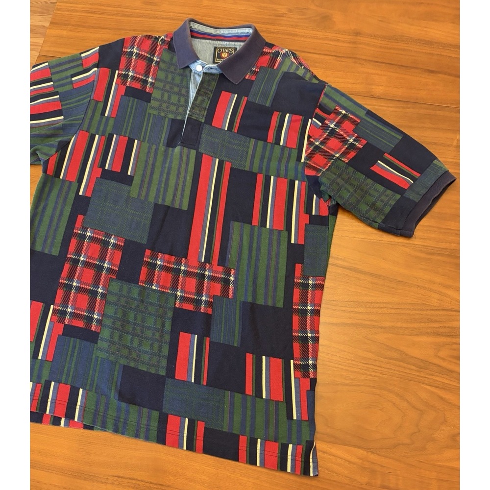 Chaps Ralph Lauren Color Block Polo Shirt Mens Oversized L Rugby Plaid 90s 80s